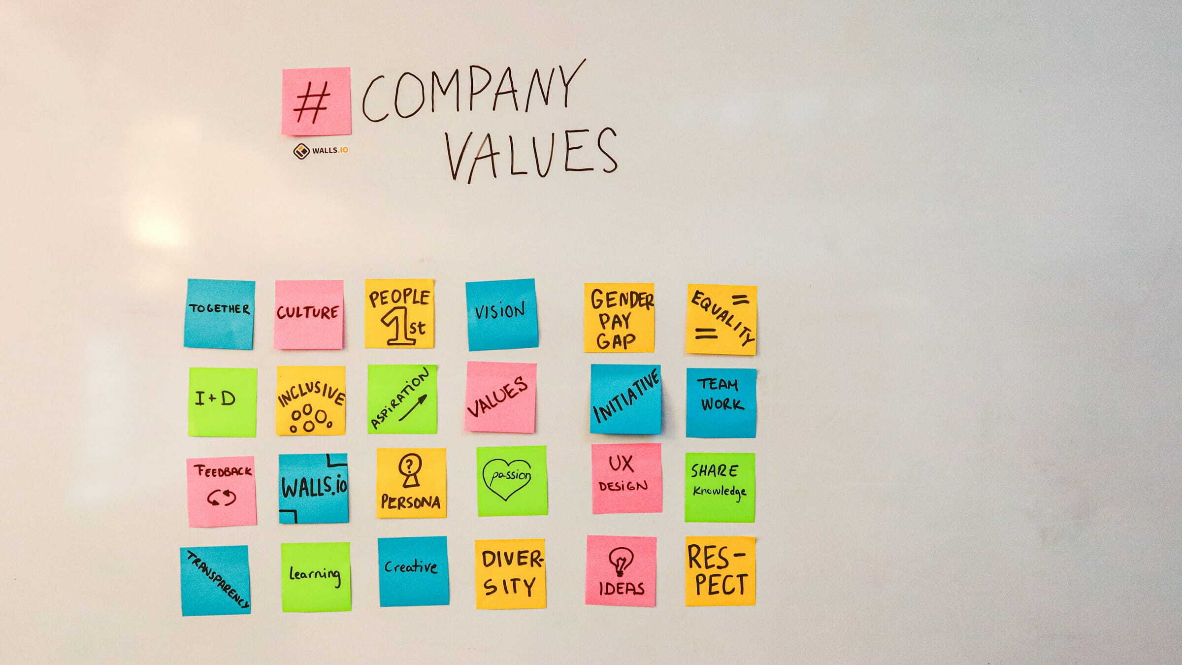 Pizarra con notas post-it sobre valores corporativos intangibles